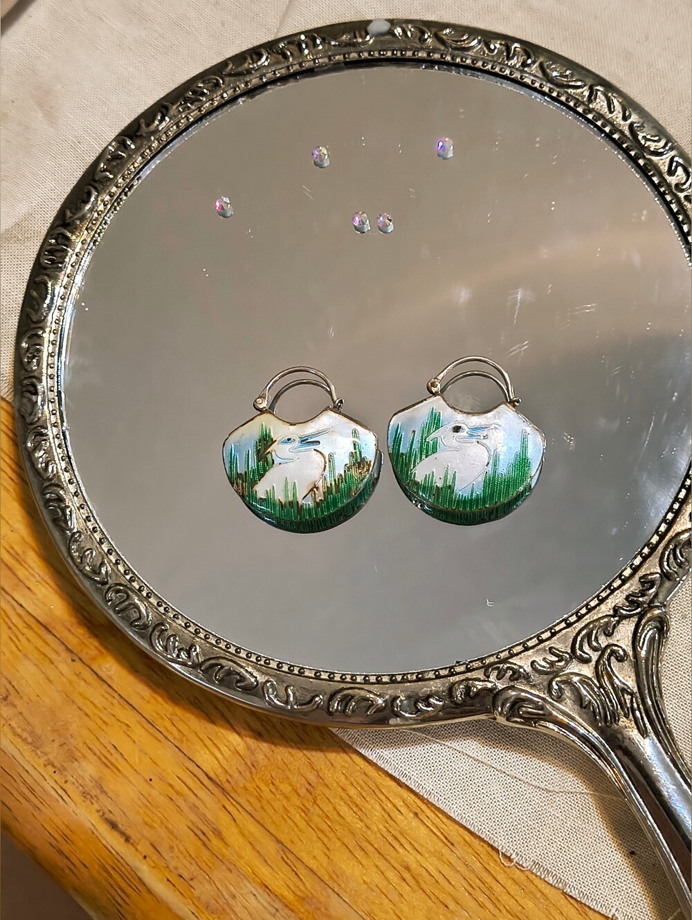 Vintage 70s Laurel Burch Silver Cloisonne Enamel Crane Hoop Earrings Early Rare